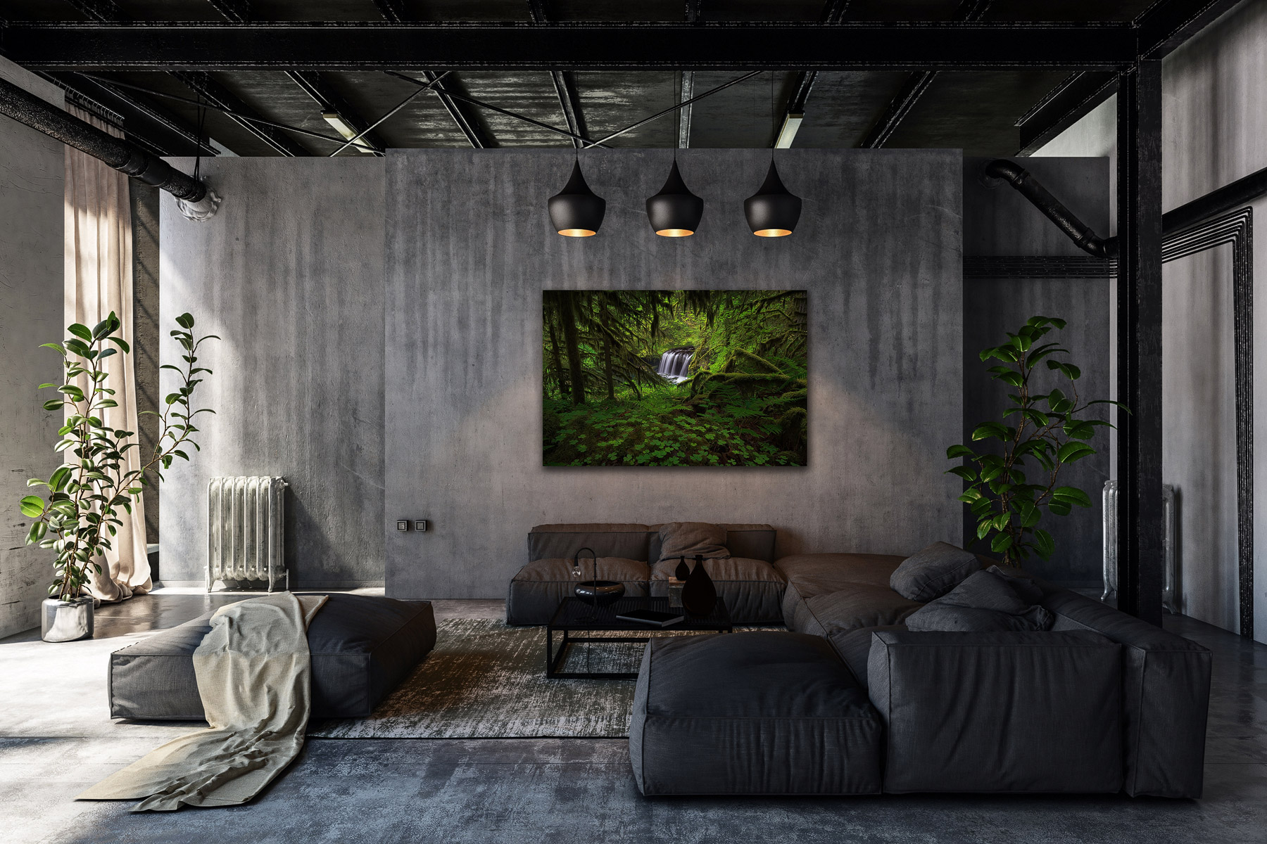 Lush photography print in modern living room.